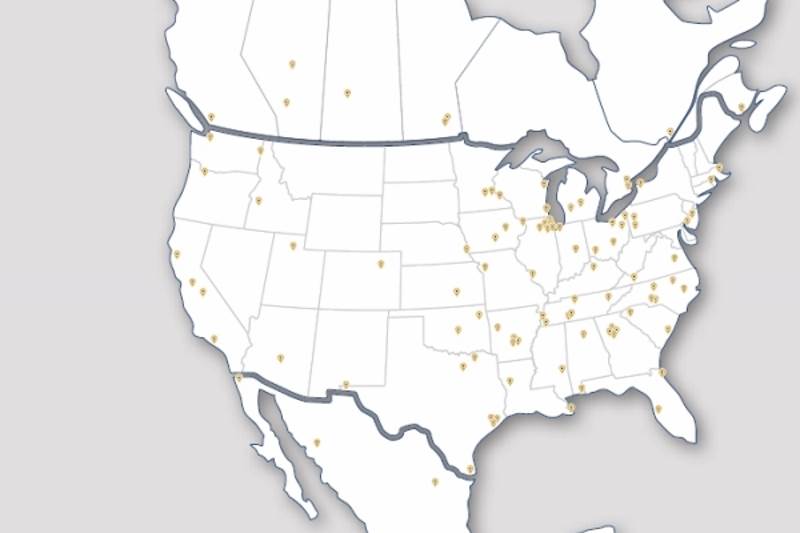 Map of Ryerson facilities throughout North America and Mexico
